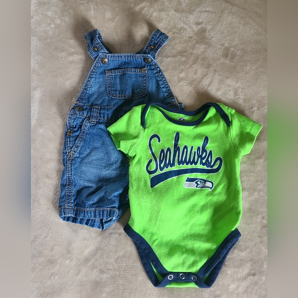 EUC Seahawks onesie & jean overalls